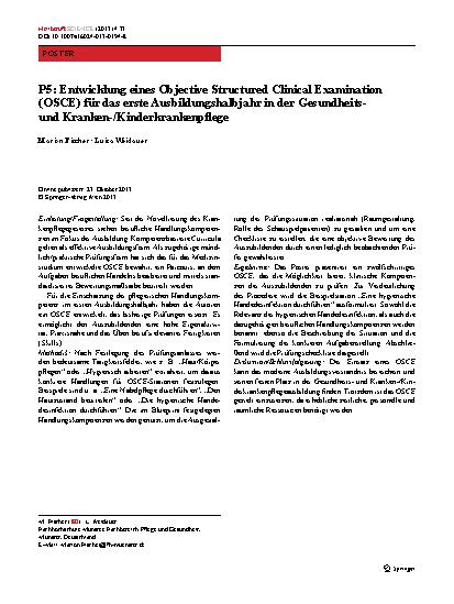 Vorschauseite 1: P5: Entwicklung eines Objective Structured Clinical Examination (OSCE) für das erste Ausbildungshalbjahr in der Gesundheitsund Kranken-/Kinderkrankenpflege