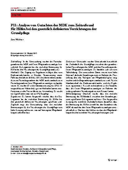Vorschauseite 1: P11: Analyse von Gutachten des MDK zum Zeitaufwand für Hilfen bei den gesetzlich definierten Verrichtungen der Grundpflege