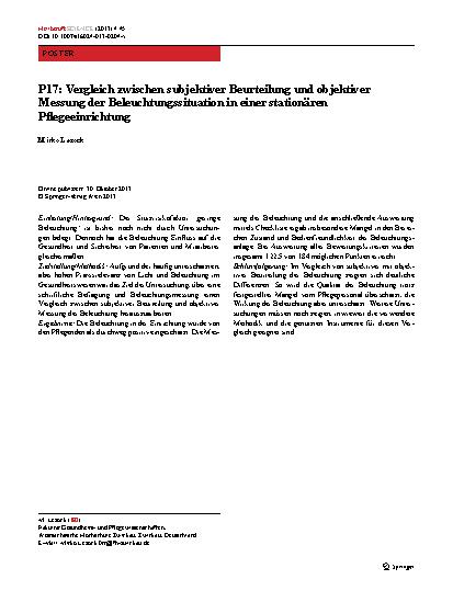 Vorschauseite 1: P17: Vergleich zwischen subjektiver Beurteilung und objektiver Messung der Beleuchtungssituation in einer stationären Pflegeeinrichtung