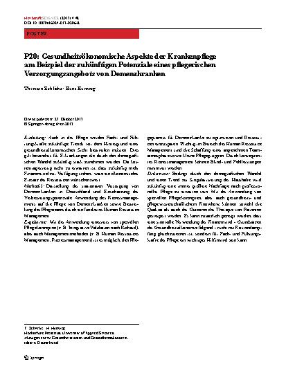 Vorschauseite 1: P20:Gesundheitsökonomische Aspekte der Krankenpflege am Beispiel der zukünftigen Potenziale eines pflegerischen Versorgungsangebots von Demenzkranken