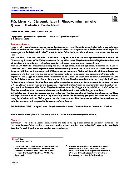 Vorschauseite 1: Prädiktoren von Sturzereignissen in Pflegewohnheimen: eine Querschnittsstudie in Deutschland