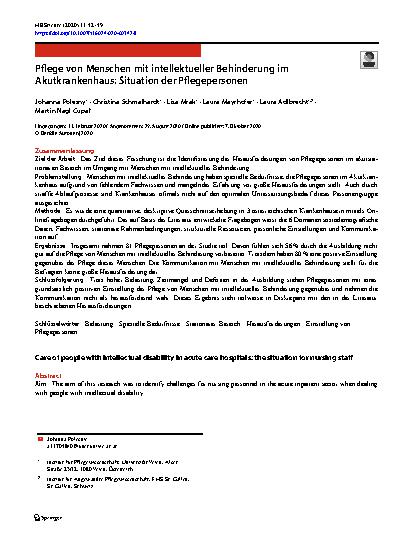 Vorschauseite 1: Pflege von Menschen mit intellektueller Behinderung im Akutkrankenhaus: Situation der Pflegepersonen