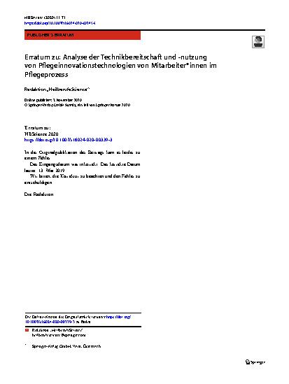 Vorschauseite 1: Erratum zu: Analyse der Technikbereitschaft und -nutzung von Pflegeinnovationstechnologien von Mitarbeiter*innen im Pflegeprozess