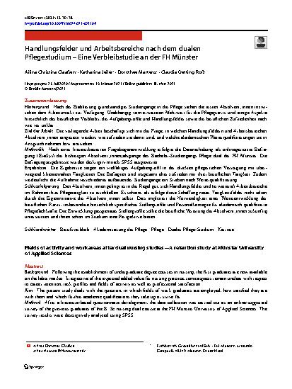 Vorschauseite 1: Handlungsfelder und Arbeitsbereiche nach dem dualen Pflegestudium – Eine Verbleibstudie an der FH Münster