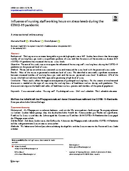 Vorschauseite 1: Influence of nursing staff working hours on stress levels during the COVID-19 pandemic