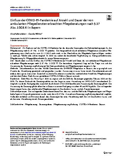 Vorschauseite 1: Einfluss der COVID-19-Pandemie auf Anzahl und Dauer der von ambulanten Pflegediensten erbrachten Pflegeberatungen nach § 37 Abs. 3 SGB XI in Bayern