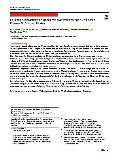 Vorschauseite 1: Edukationsbedarfe von Kindern mit Brandverletzungen und deren Eltern – Ein Scoping Review