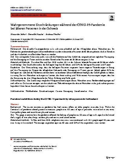Vorschauseite 1: Wahrgenommene Einschränkungen während der COVID-19-Pandemie bei älteren Personen in der Schweiz