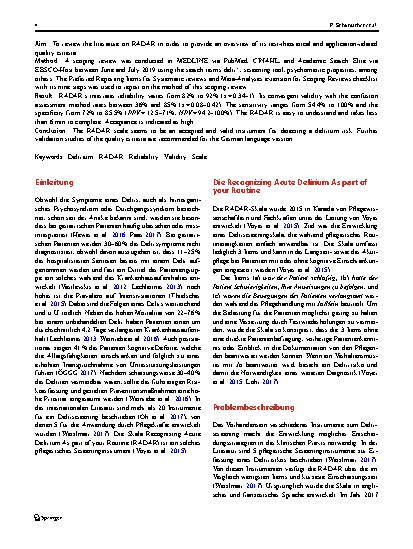 Vorschauseite 2: Möglichkeiten und Grenzen der Einschätzung des Delirrisikos: ein Scoping Review zu den Gütekriterien der Skala Recognizing Acute Delirium As part of your Routine