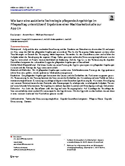Vorschauseite 1: Wie kann eine assistierte Technologie pflegende Angehörige im Pflegealltag unterstützen? Ergebnisse einer Machbarkeitsstudie zur App Liv