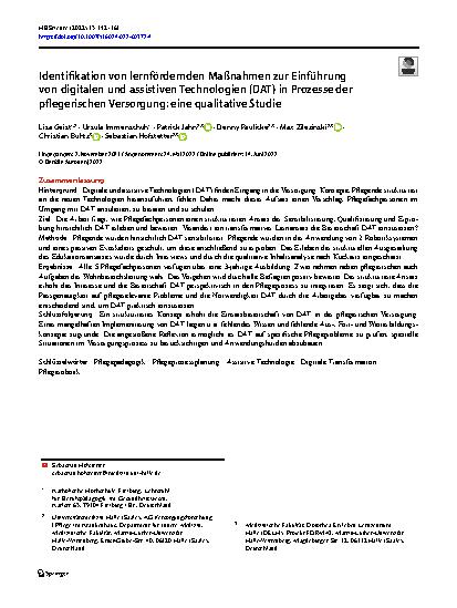 Vorschauseite 1: Identifikation von lernfördernden Maßnahmen zur Einführung von digitalen und assistiven Technologien (DAT) in Prozesse der pflegerischen Versorgung: eine qualitative Studie