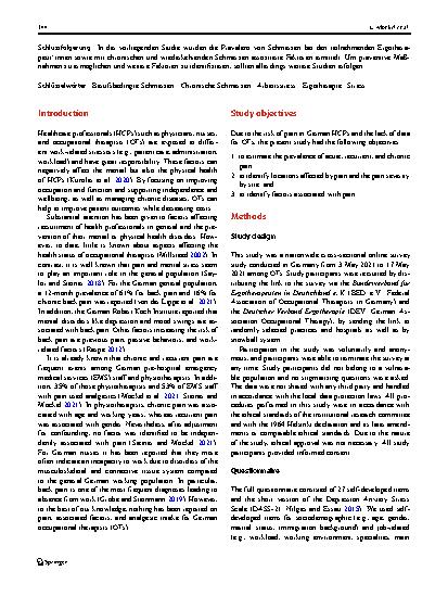 Vorschauseite 2: Pain and associated factors in German occupational therapists: a nationwide cross-sectional survey study