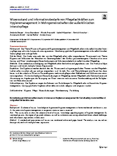 Vorschauseite 1: Wissensstand und Informationsbedarfe von Pflegefachkräften zum Hygienemanagement in Wohngemeinschaften der außerklinischen Intensivpflege