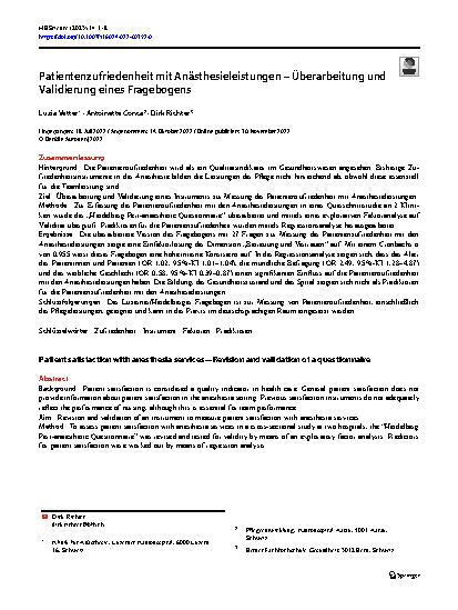 Vorschauseite 1: Patientenzufriedenheit mit Anästhesieleistungen – Überarbeitung und Validierung eines Fragebogens