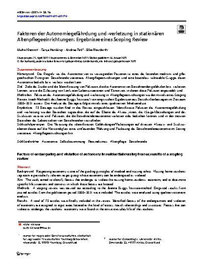 Vorschauseite 1: Faktoren der Autonomiegefährdung und -verletzung in stationären Altenpflegeeinrichtungen: Ergebnisse eines Scoping Review