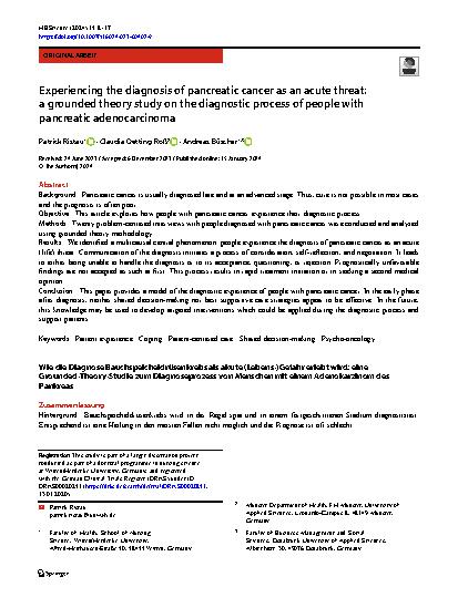 Vorschauseite 1: Experiencing the diagnosis of pancreatic cancer as an acute threat: a grounded theory study on the diagnostic process of people with pancreatic adenocarcinoma