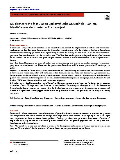 Vorschauseite 1: Multisensorische Stimulation und psychische Gesundheit – „Anima Mentis“ ein evidenzbasiertes Praxisprojekt