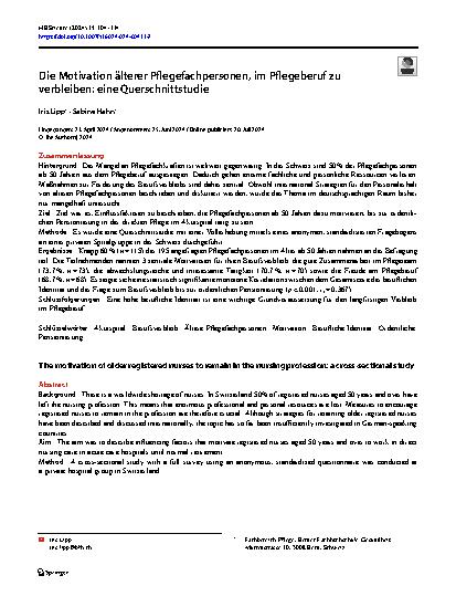 Vorschauseite 1: Die Motivation älterer Pflegefachpersonen, im Pflegeberuf zu verbleiben: eine Querschnittstudie