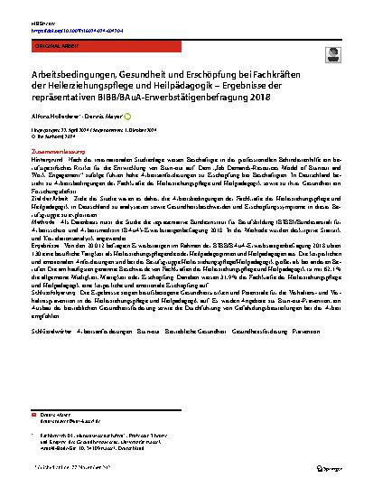 Vorschauseite 1: Arbeitsbedingungen, Gesundheit und Erschöpfung bei Fachkräften der Heilerziehungspflege und Heilpädagogik – Ergebnisse der repräsentativen BIBB/BAuA-Erwerbstätigenbefragung 2018