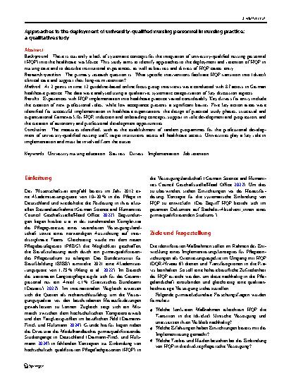 Vorschauseite 2: Handlungsansätze zum Einsatz von hochschulisch qualifizierten Pflegefachpersonen in die pflegerische Praxis: eine qualitative Studie