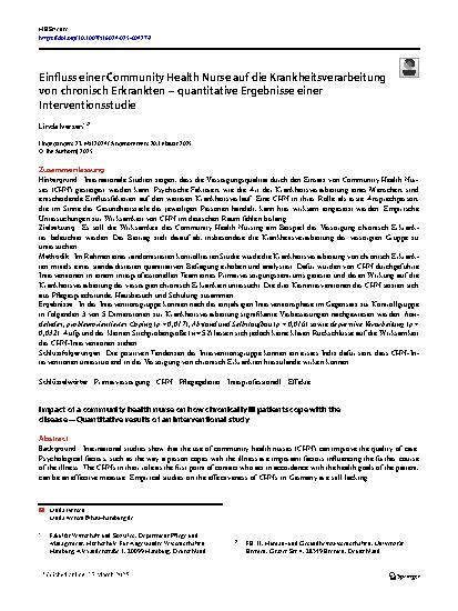 Vorschauseite 1: Einfluss einer Community Health Nurse auf die Krankheitsverarbeitung von chronisch Erkrankten – quantitative Ergebnisse einer Interventionsstudie