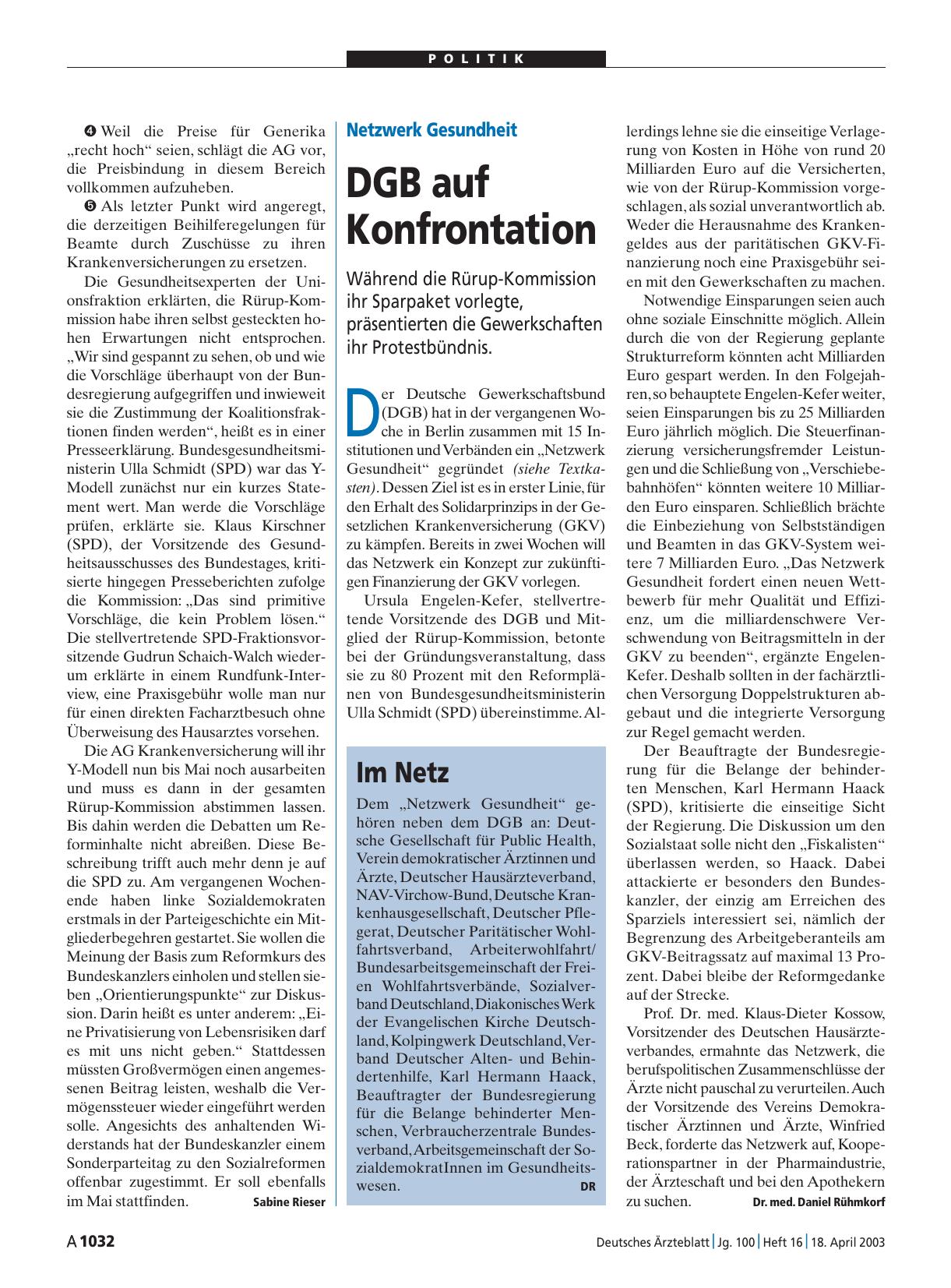 Vorschauseite 1: Netzwerk Gesundheit: DGB auf Konfrontation