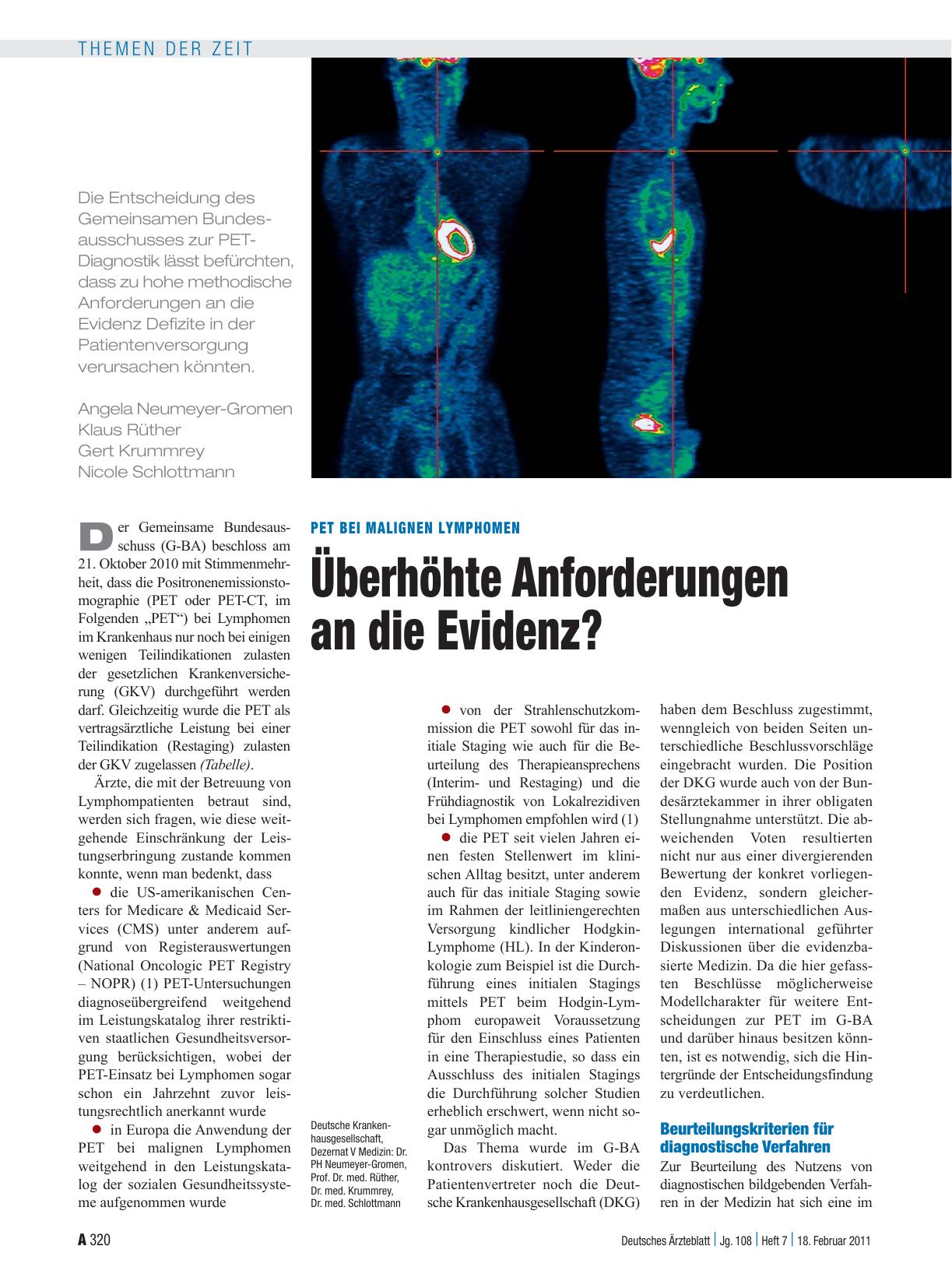 Vorschauseite 1: PET bei malignen Lymphomen: Überhöhte Anforderungen an die Evidenz?