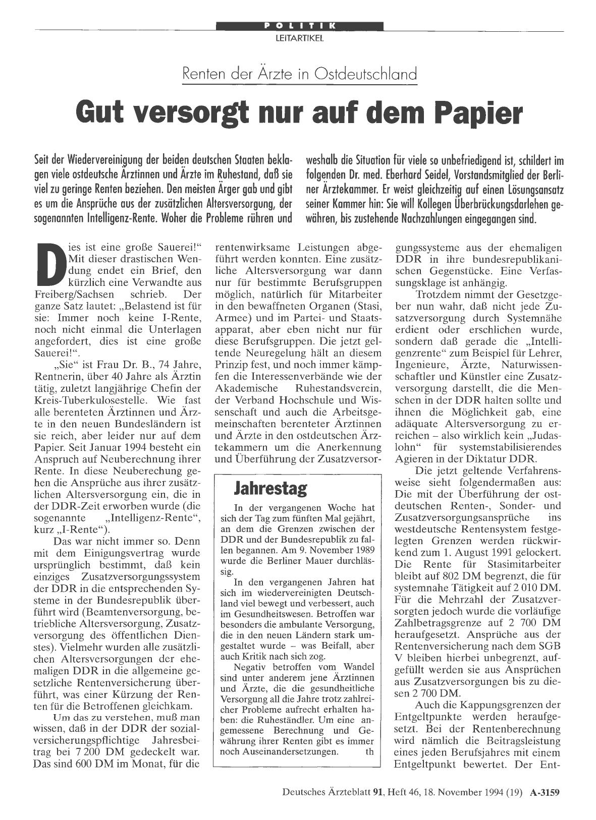Vorschauseite 1: Renten der Ärzte in Ostdeutschland Gut versorgt nur auf dem Papier