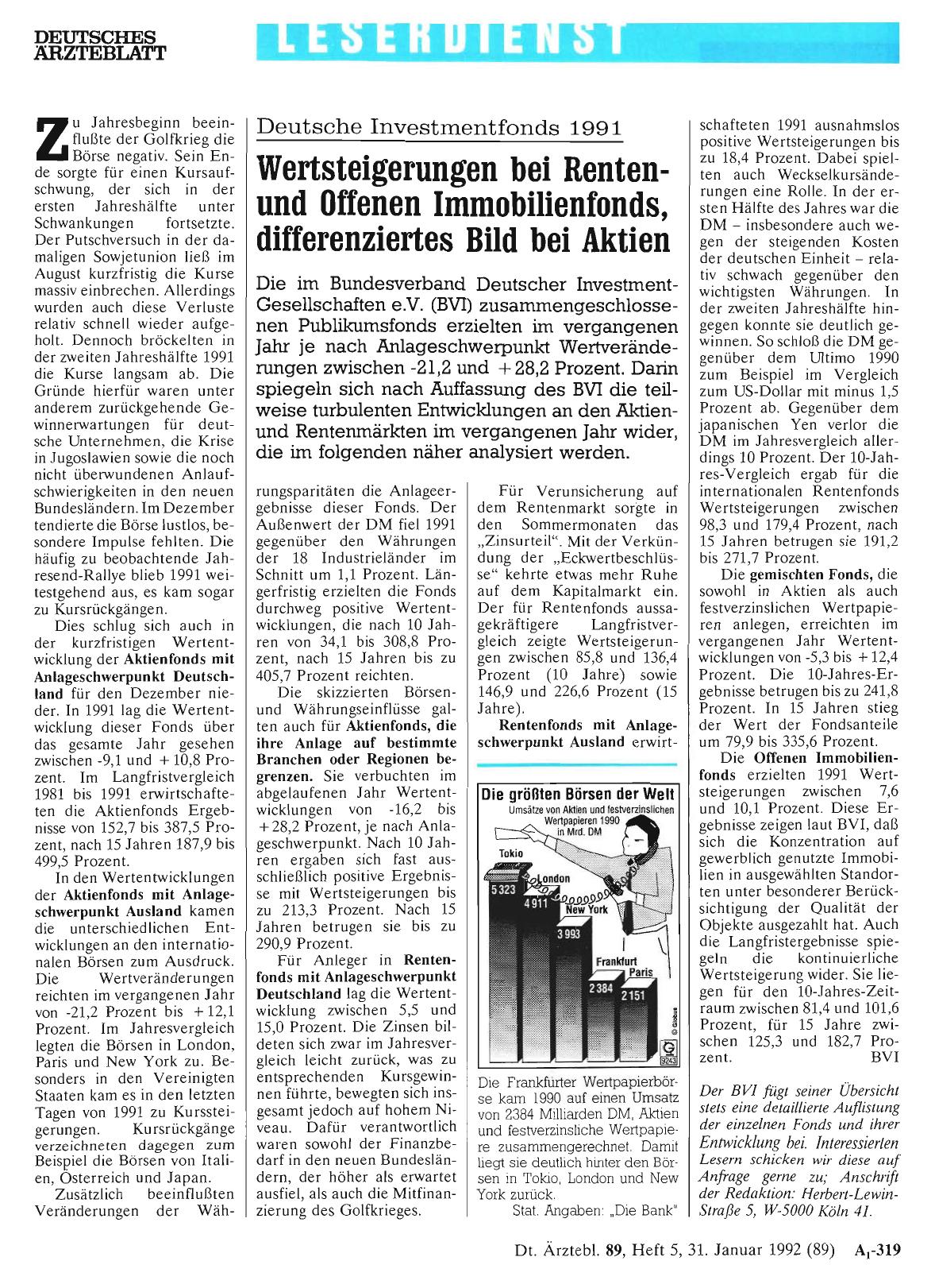Vorschauseite 1: Deutsche Investmentfonds 1991: Wertsteigerungen bei Rentenund Offenen Immobilienfonds, differenziertes Bild bei Aktien