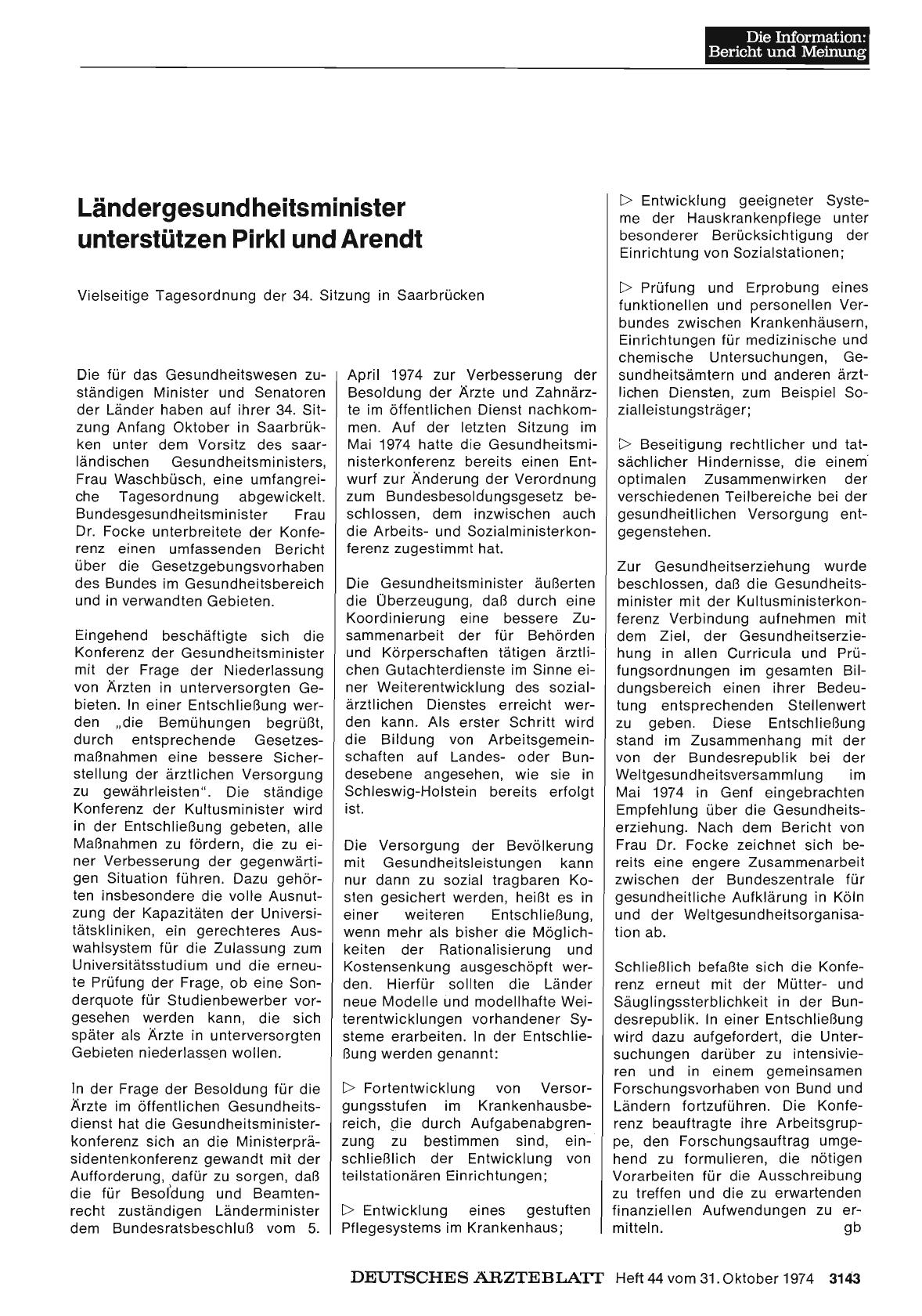 Vorschauseite 1: Ländergesundheitsminister unterstützen Pirkl und Arendt