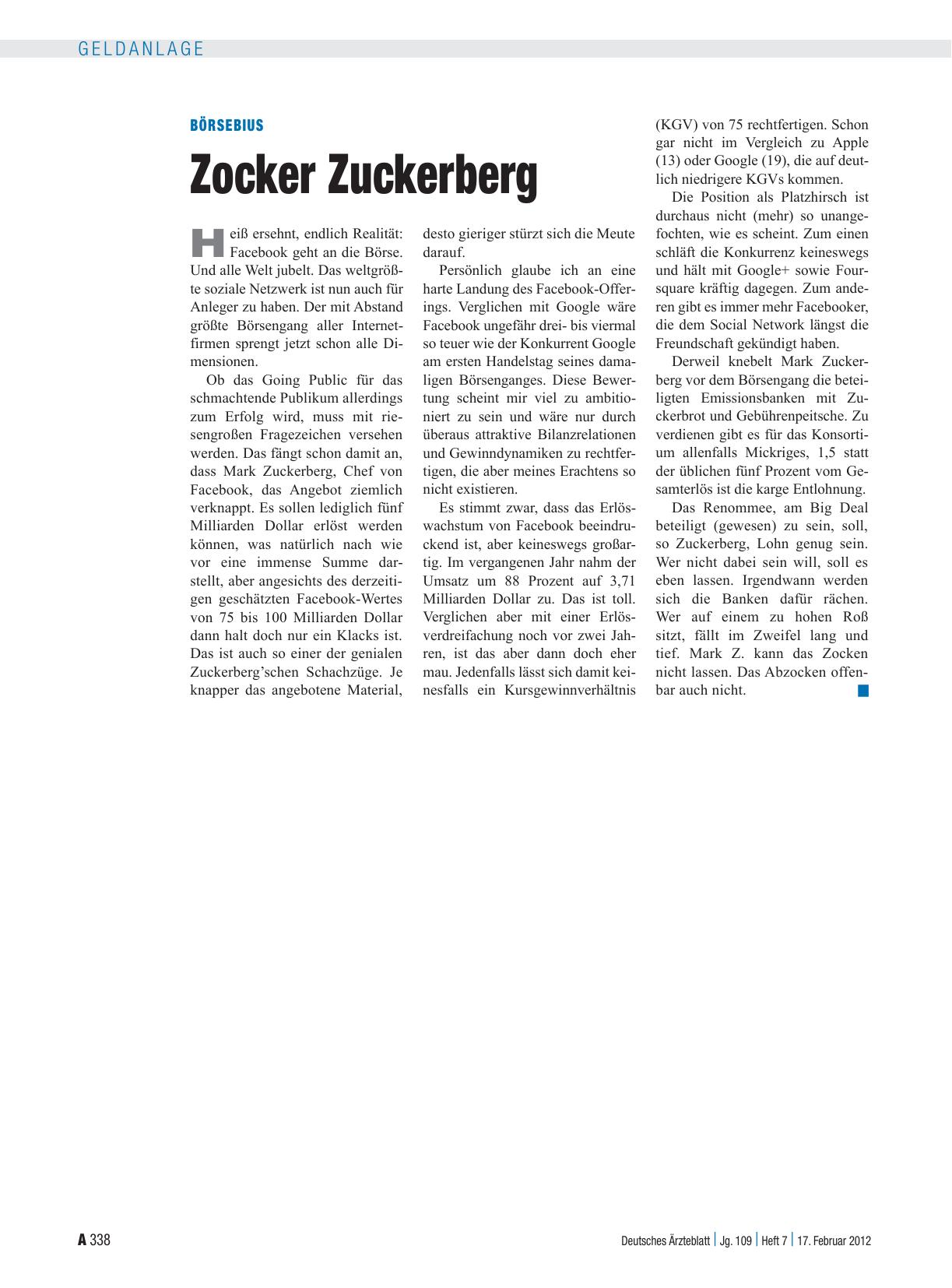 Vorschauseite 1: Börsebius: Zocker Zuckerberg