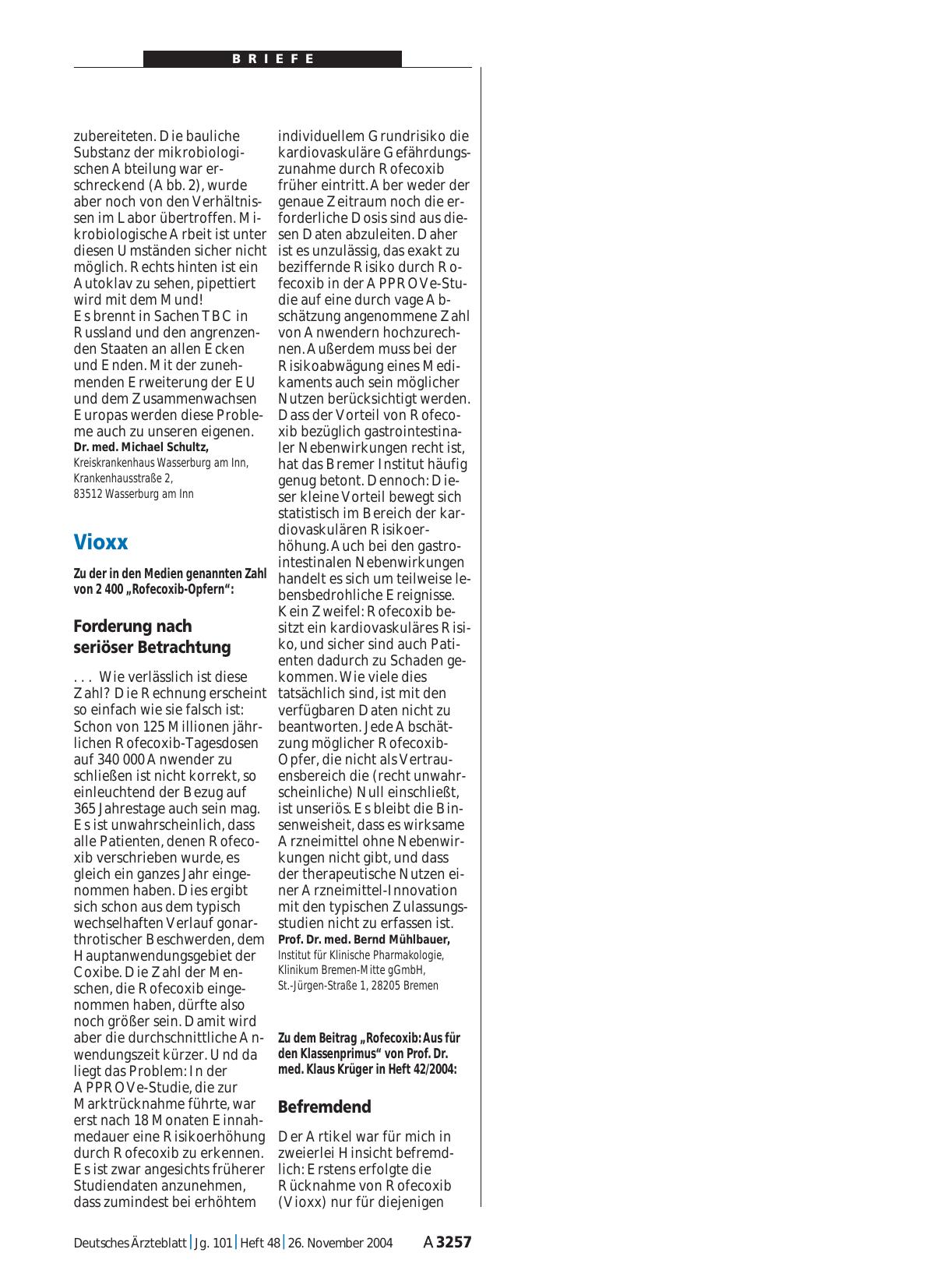 Vorschauseite 1: Vioxx: Forderung nach seriöser Betrachtung