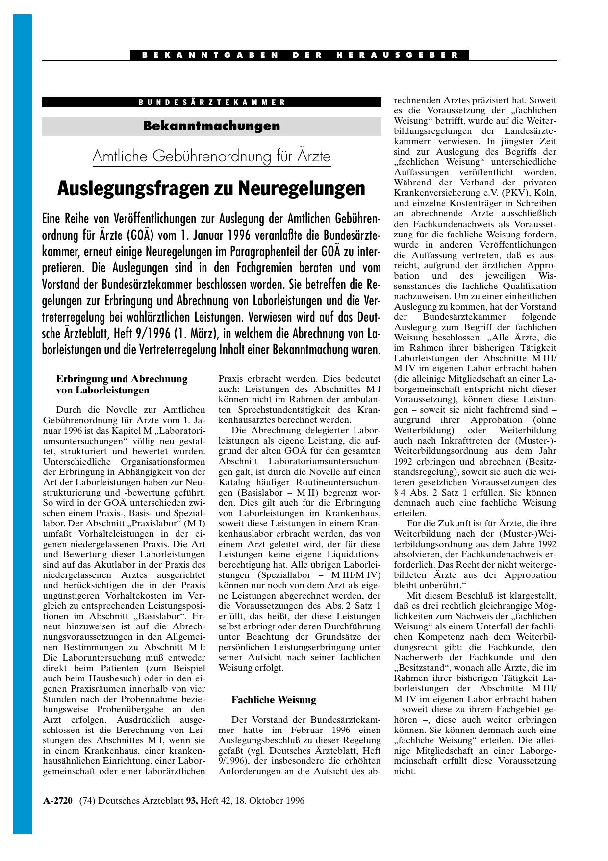 Vorschauseite 1: Bekanntmachungen: Amtliche Gebührenordnung für Ärzte Auslegungsfragen zu Neuregelungen