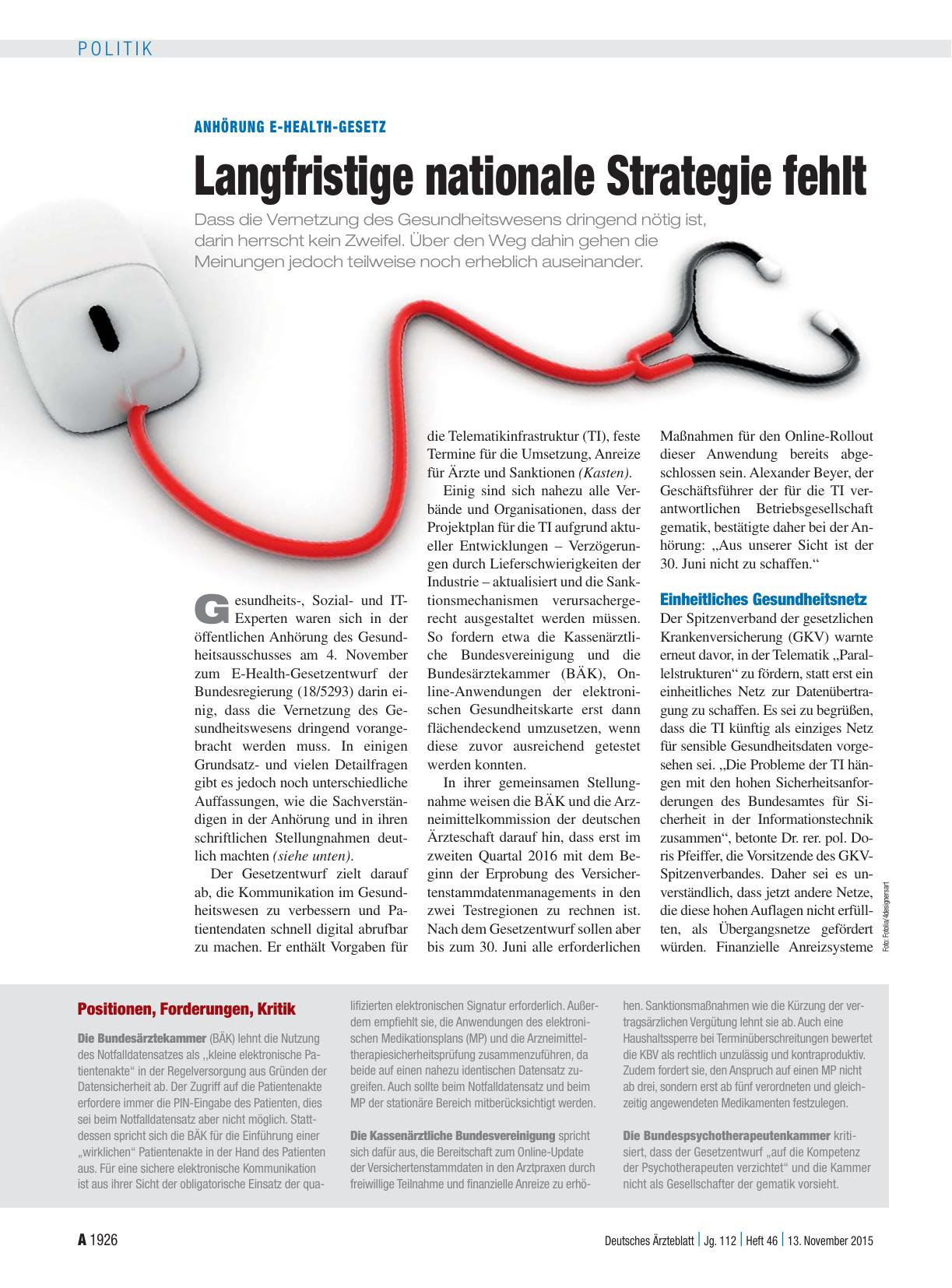 Vorschauseite 1: Anhörung E-Health-Gesetz: Langfristige nationale Strategie fehlt