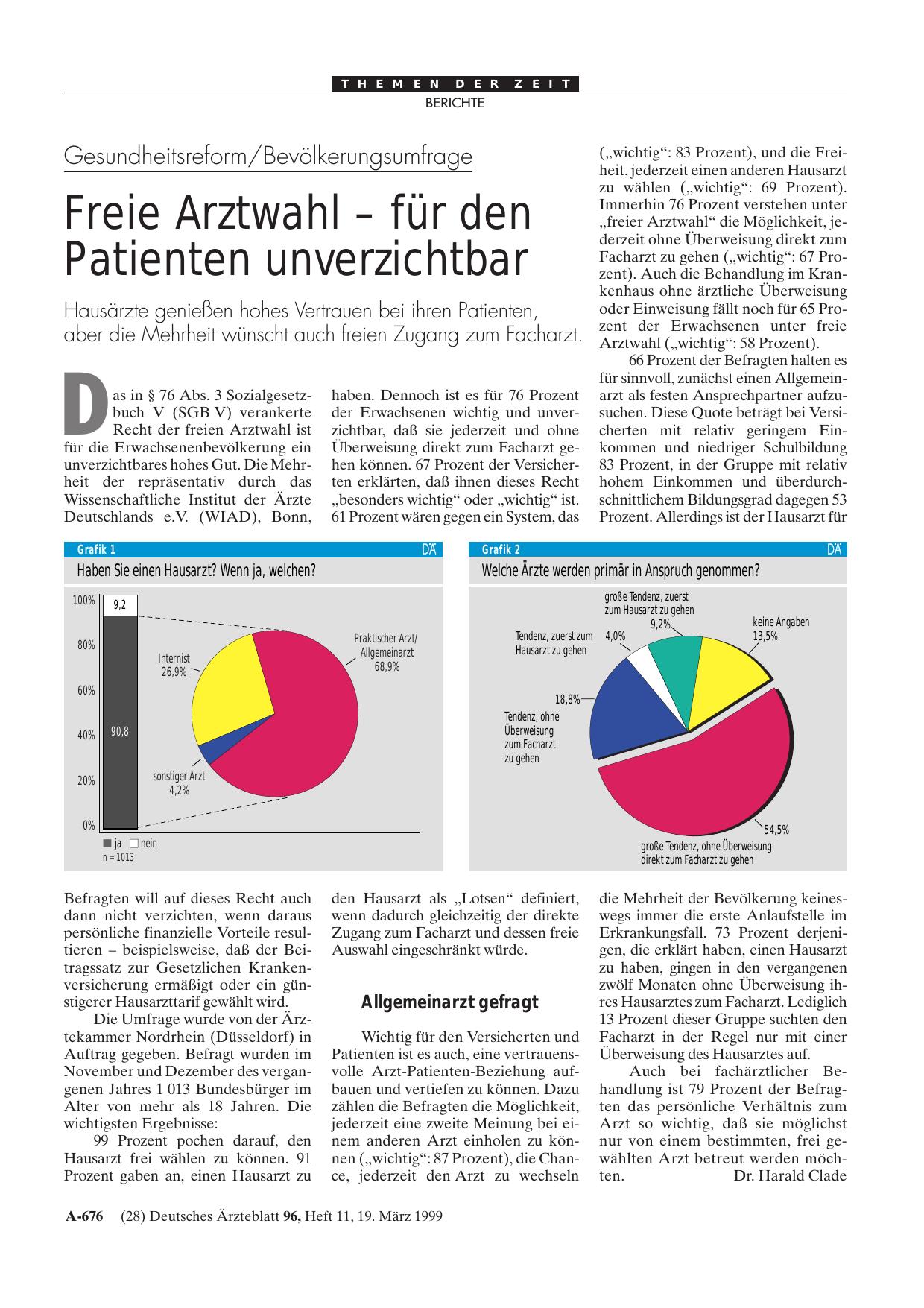 Vorschauseite 1: Gesundheitsreform/Bevölkerungsumfrage: Freie Arztwahl - für den Patienten unverzichtbar
