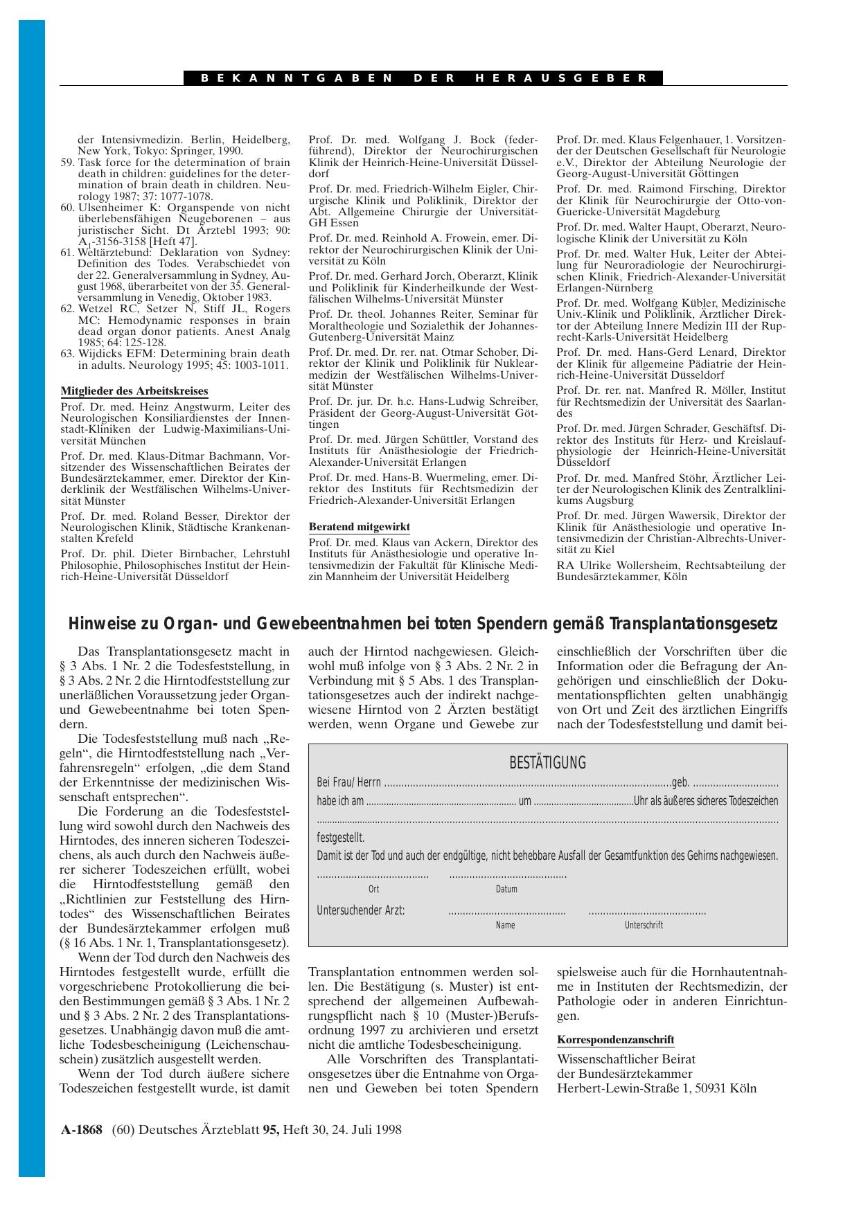 Vorschauseite 1: Hinweise zu Organund Gewebeentnahmen bei toten Spendern gemäß Transplantationsgesetz
