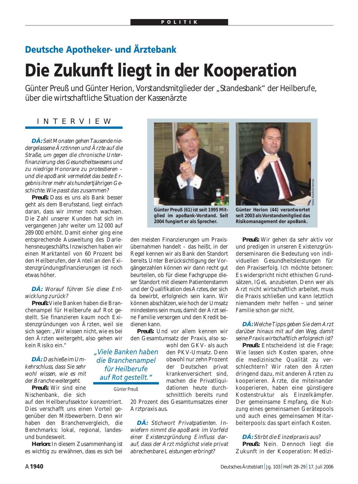Vorschauseite 1: Deutsche Apothekerund Ärztebank: Die Zukunft liegt in der Kooperation