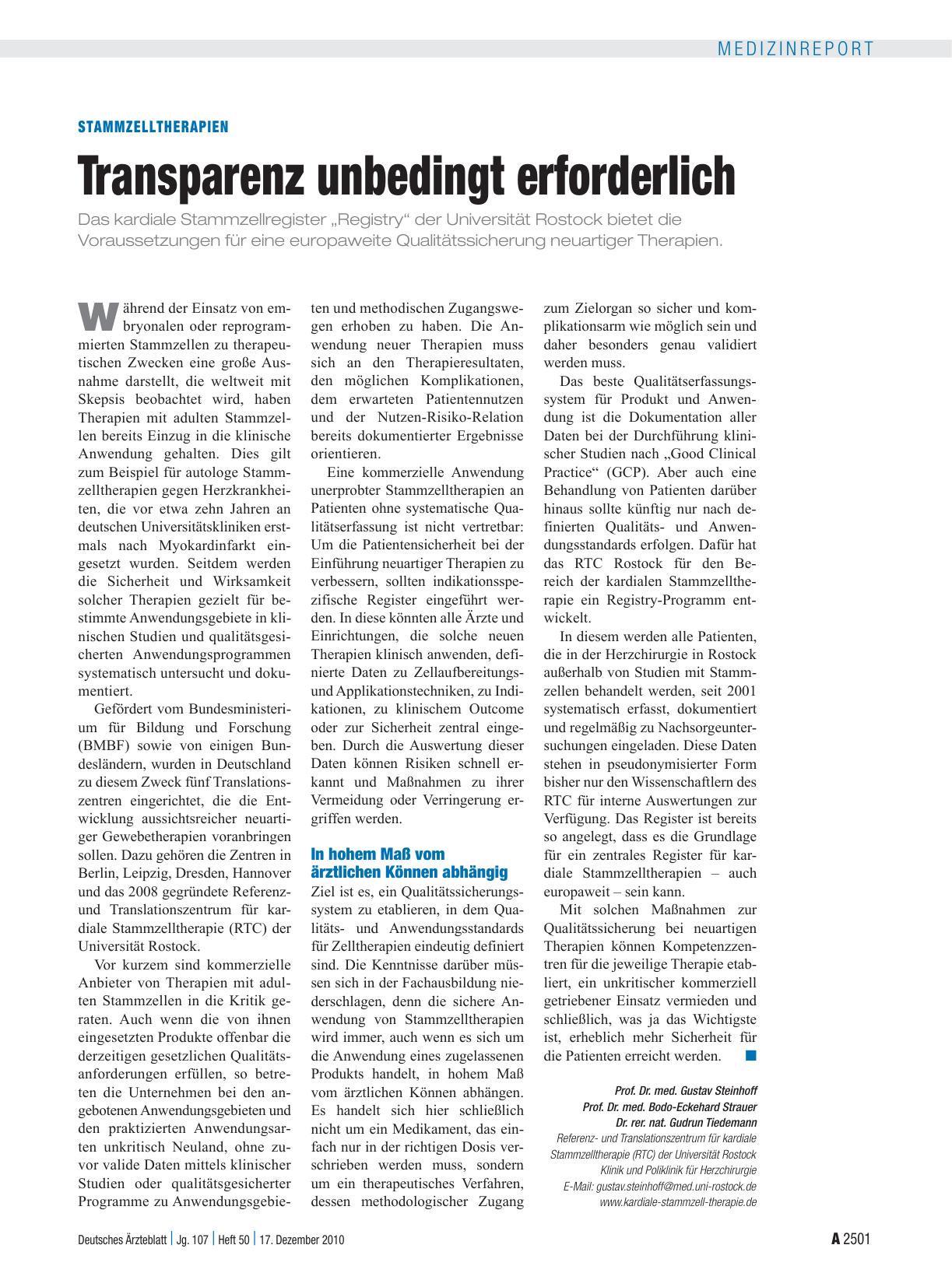 Vorschauseite 1: Stammzelltherapien: Transparenz unbedingt erforderlich