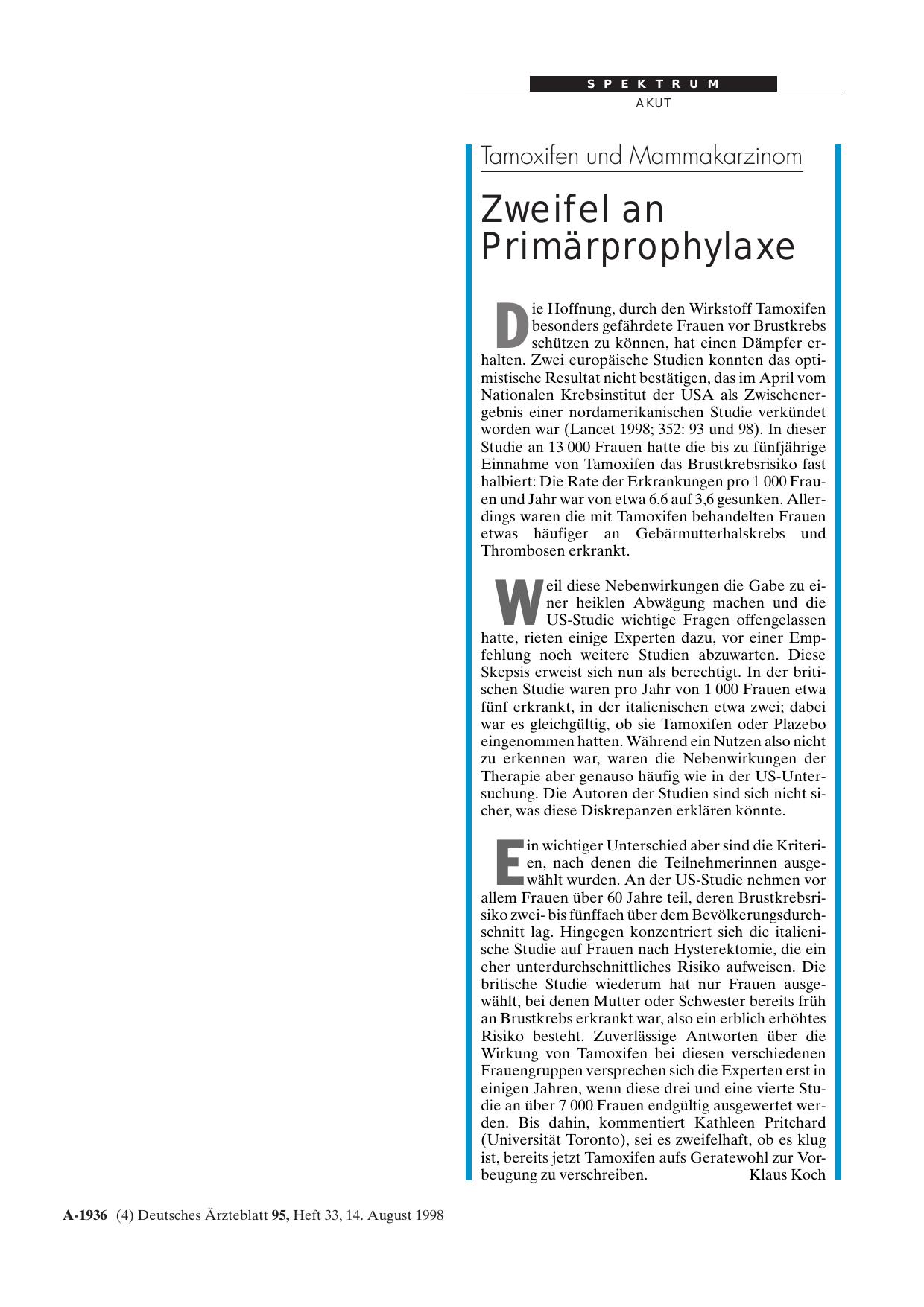 Vorschauseite 1: Tamoxifen und Mammakarzinom: Zweifel an Primärprophylaxe