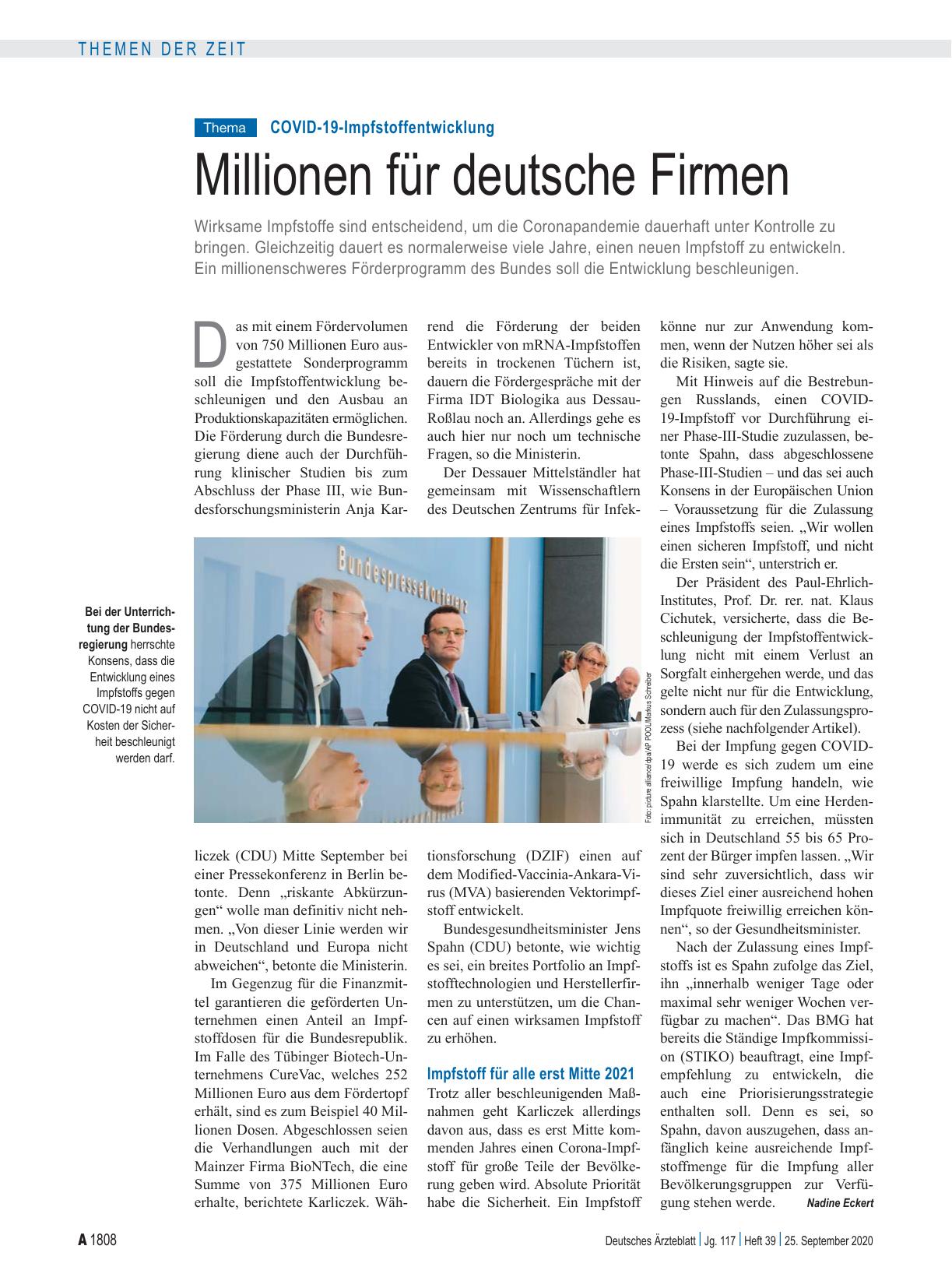 Vorschauseite 1: COVID-19-Impfstoffentwicklung: Millionen für deutsche Firmen