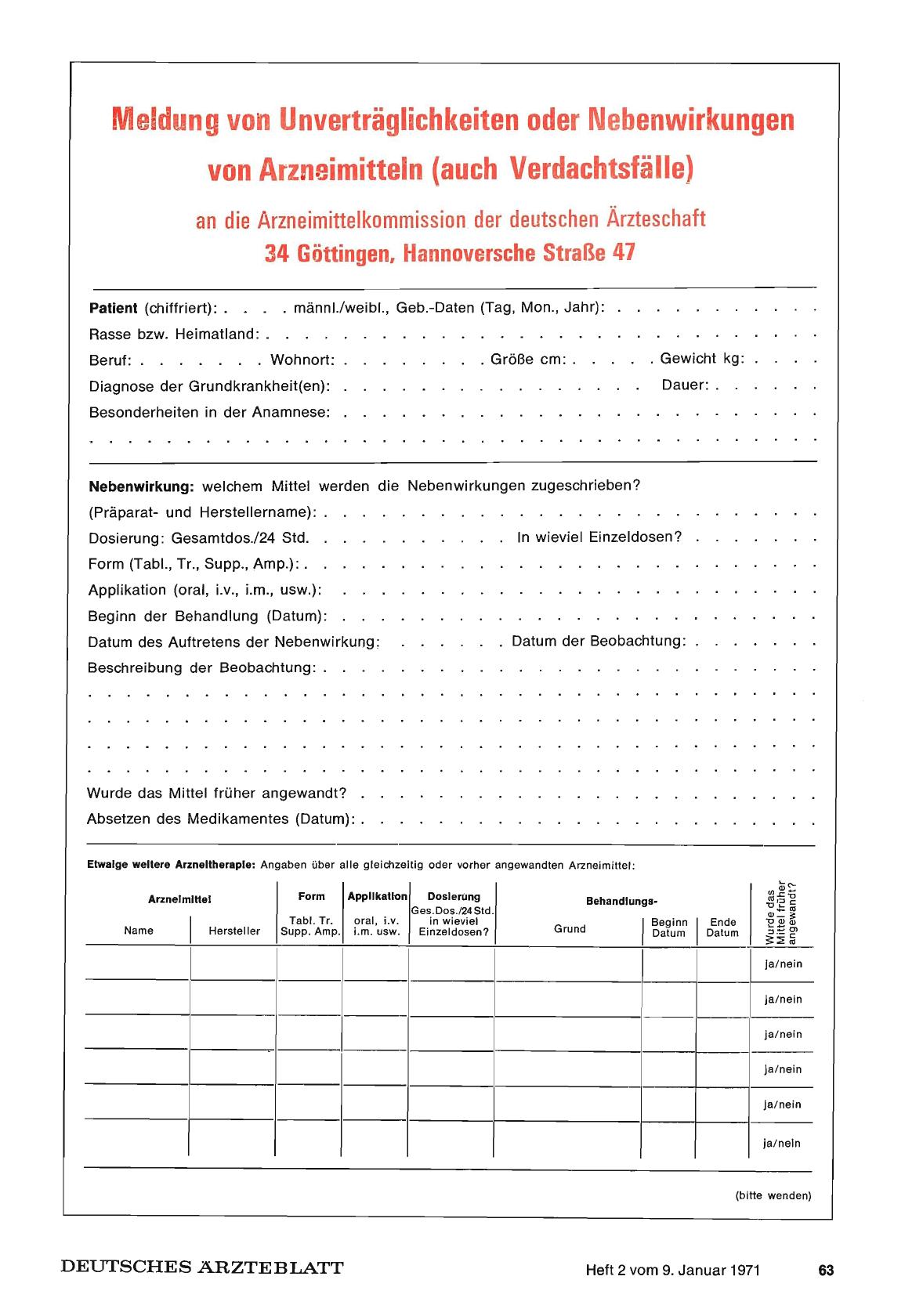 Vorschauseite 1: Meldung von Unverträglichkeiten oder Nebenwirkungen von Arzneimitteln