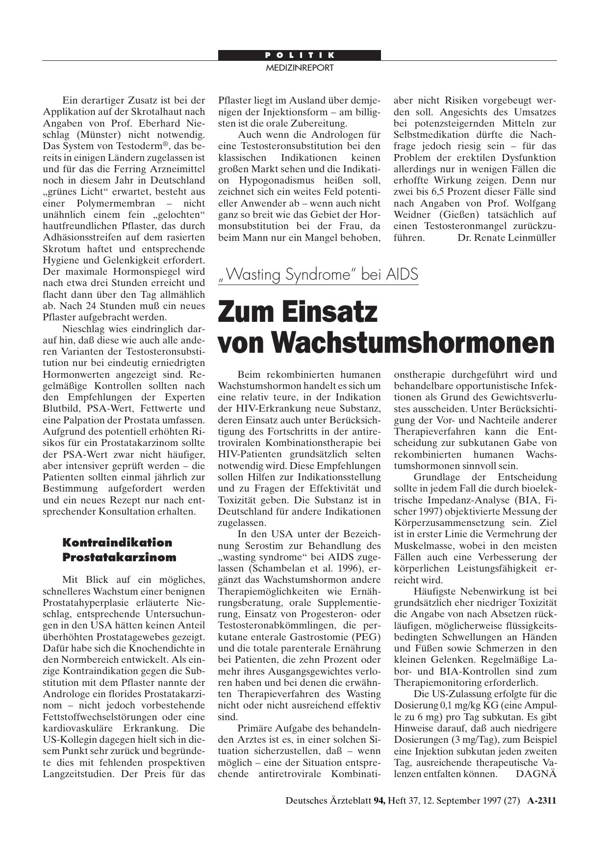Vorschauseite 1: „Wasting Syndrome„ bei AIDS: Zum Einsatz von Wachstumshormonen