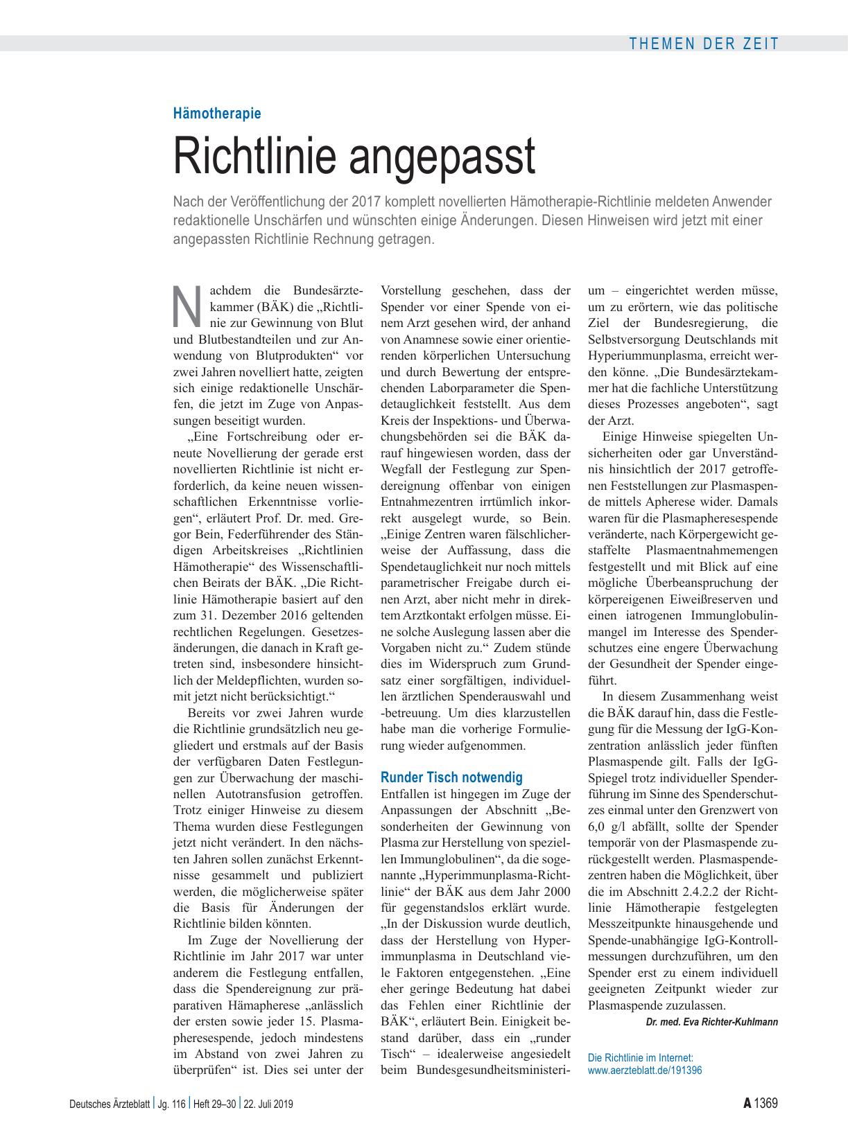 Vorschauseite 1: Hämotherapie: Richtlinie angepasst