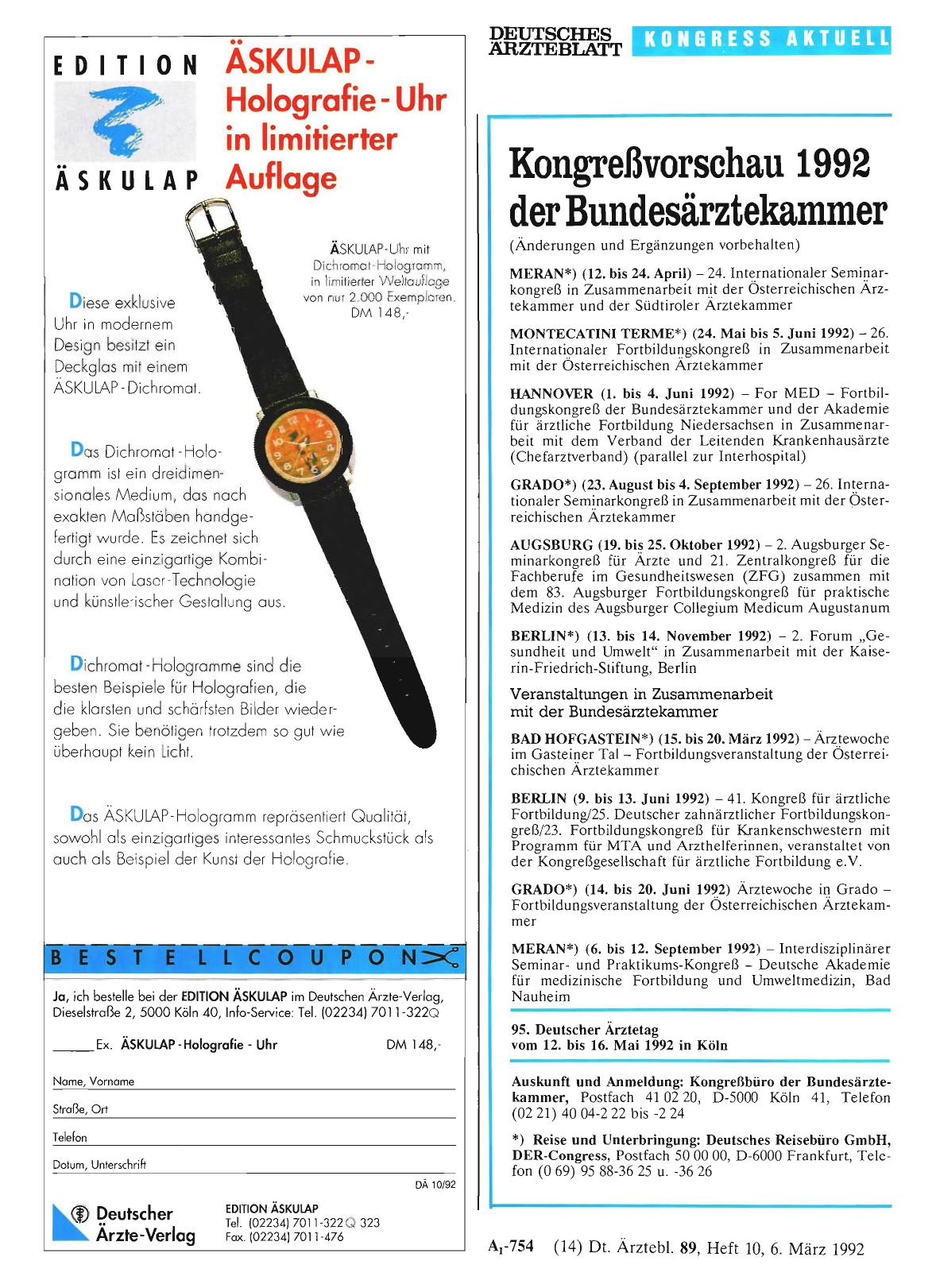 Vorschauseite 1: Kongreßvorschau 1992 der Bundesärztekammer