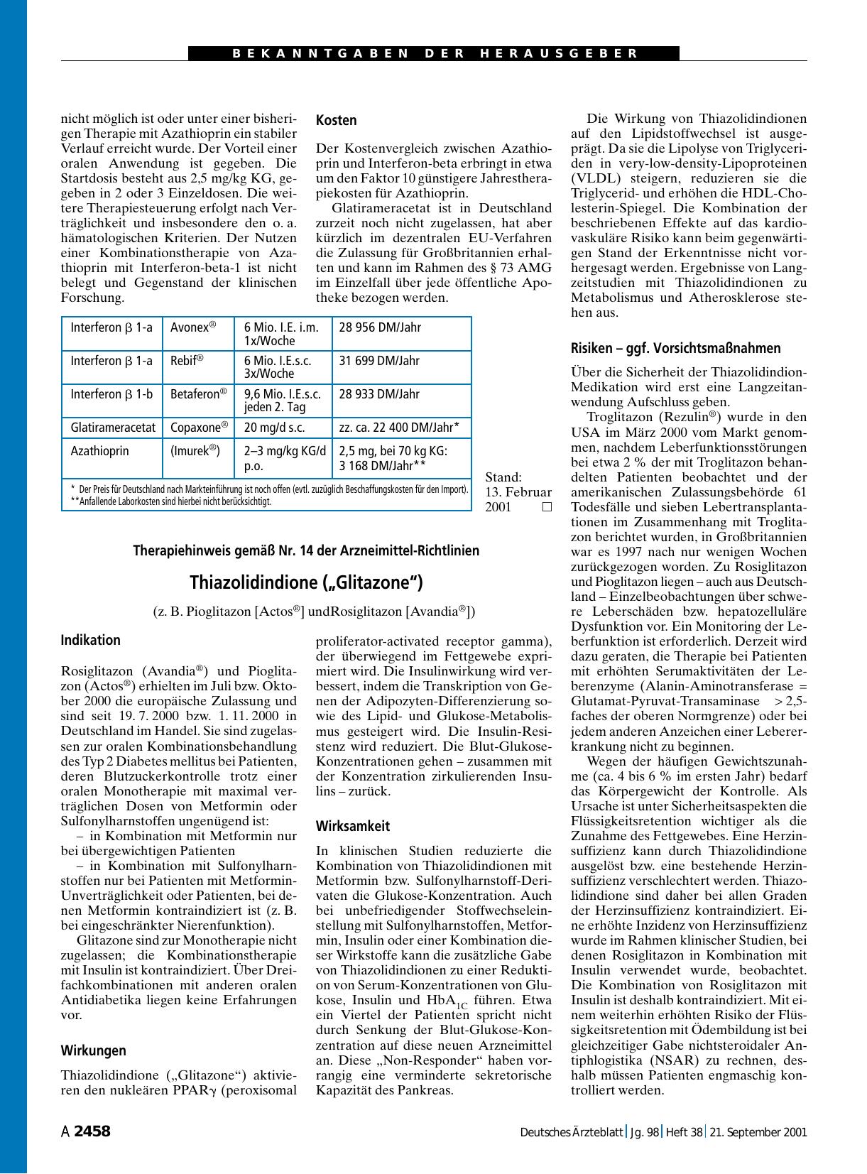 Vorschauseite 1: Therapiehinweis gemäß Nr. 14 der Arzneimittel-Richtlinien: Thiazolidindione („Glitazone“) (z. B. Pioglitazon [Actos®] undRosiglitazon [Avandia®])
