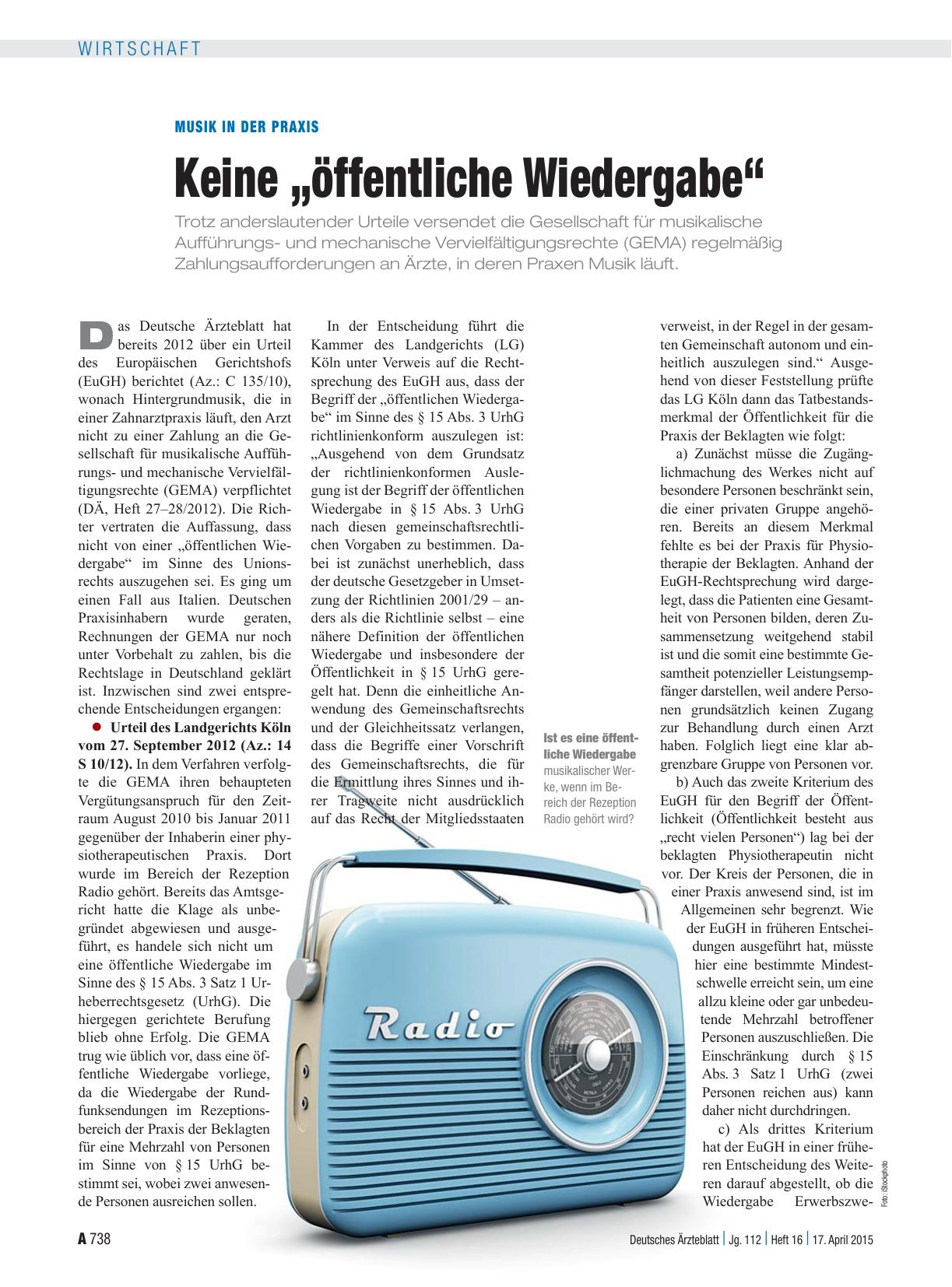 Vorschauseite 1: Musik in der Praxis: Keine „öffentliche Wiedergabe“