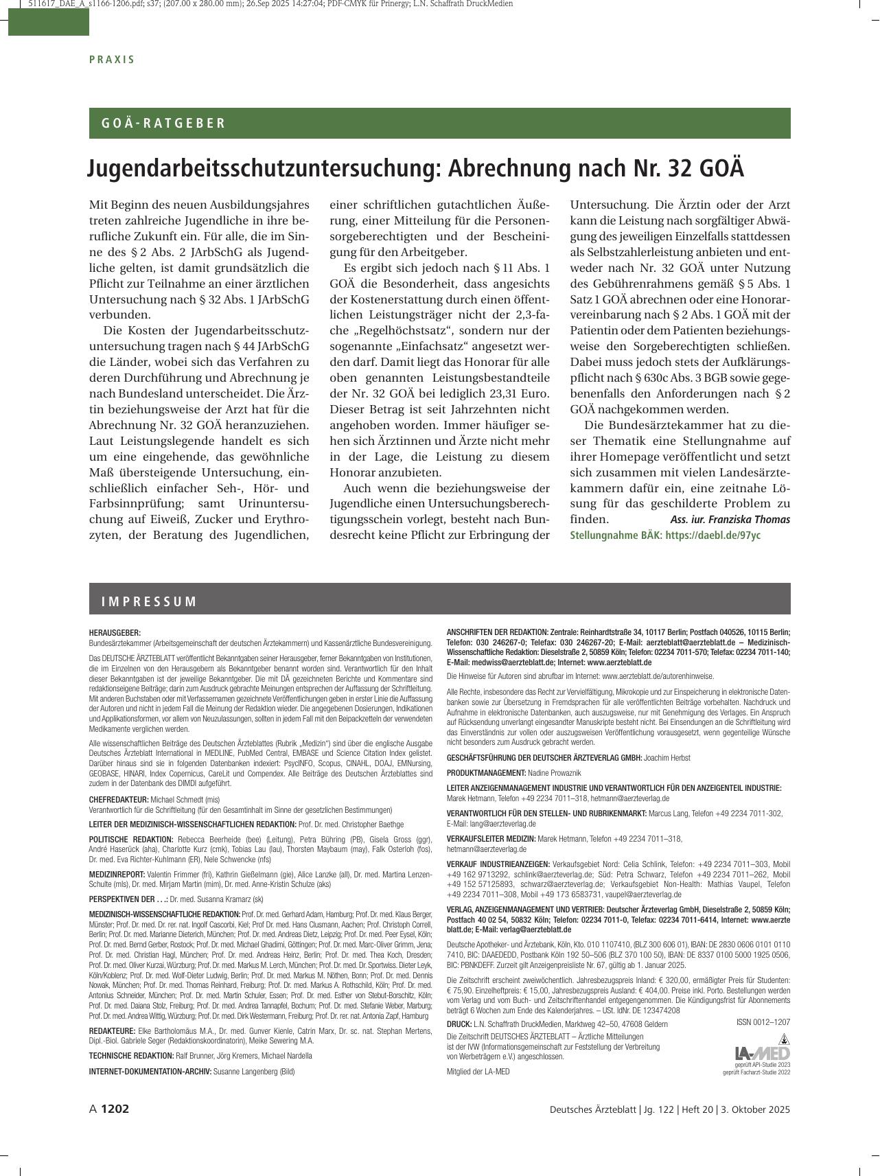 Vorschauseite 1: Jugendarbeitsschutzuntersuchung: Abrechnung nach Nr. 32 GOÄ