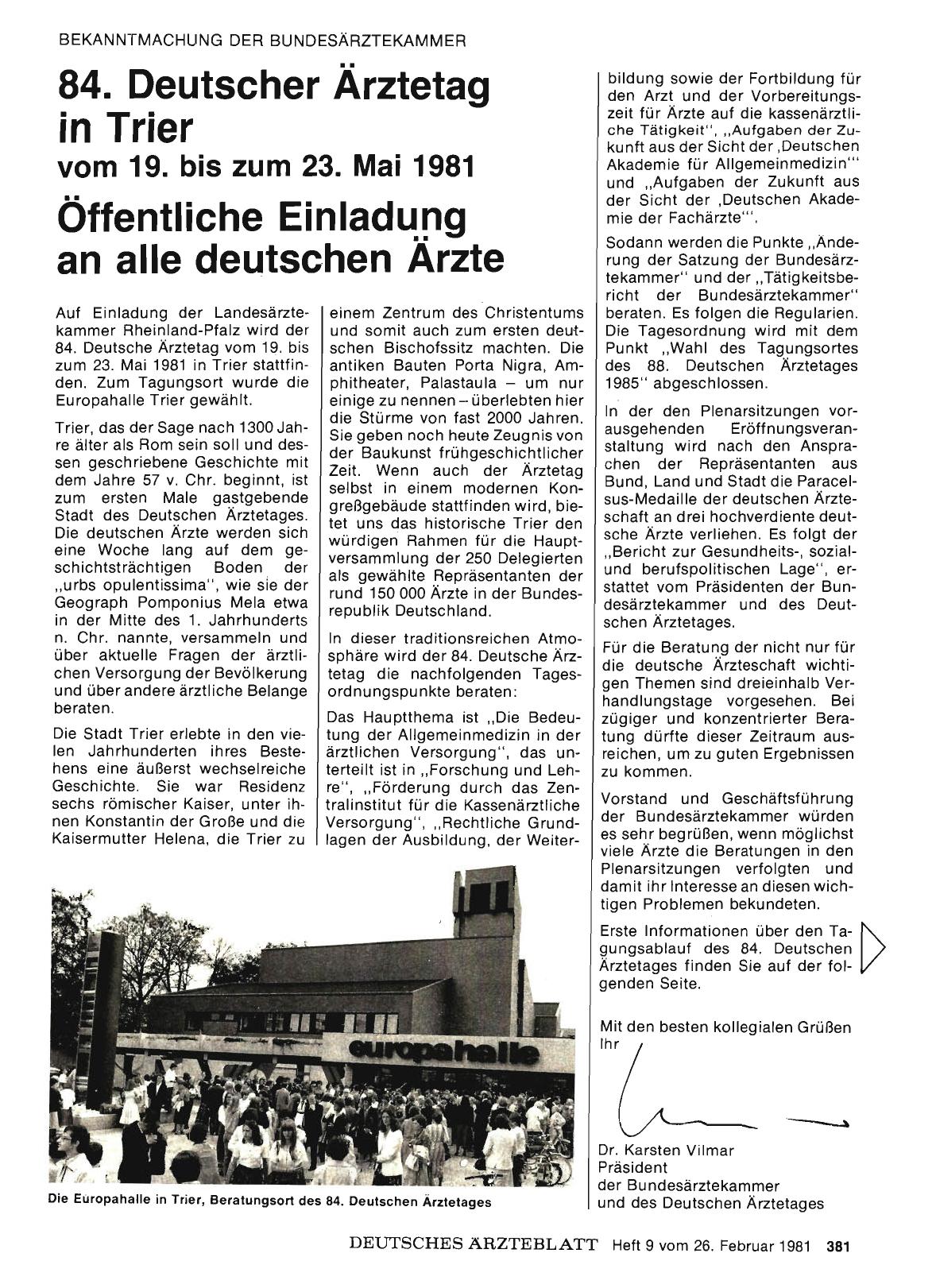 Vorschauseite 1: 84. Deutscher Ärztetag in Trier vom 19. bis zum 23. Mai 1981: Öffentliche Einladung an alle deutschen Ärzte