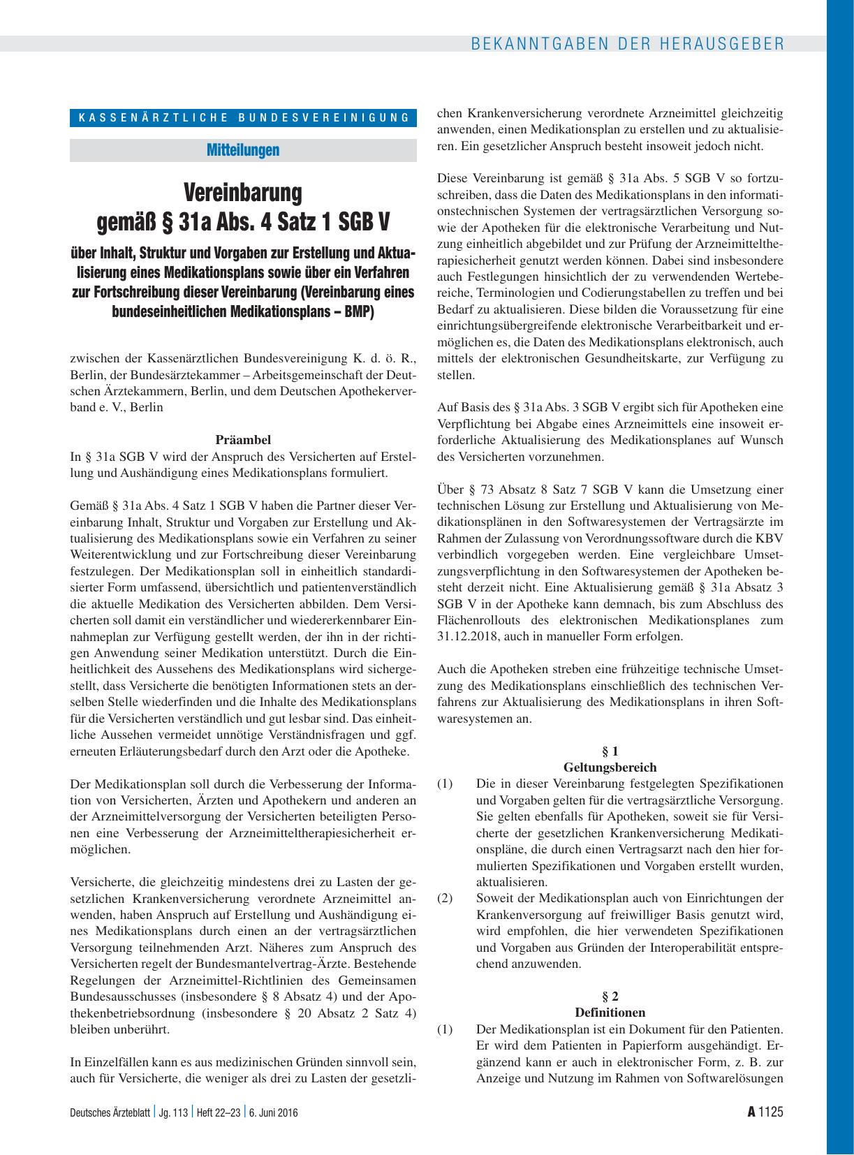 Vorschauseite 1: Vereinbarung gemäß § 31a Abs. 4 Satz 1 SGB V über Inhalt, Struktur und Vorgaben zur Erstellung und Aktualisierung eines Medikationsplans sowie über ein Verfahren zur Fortschreibun…