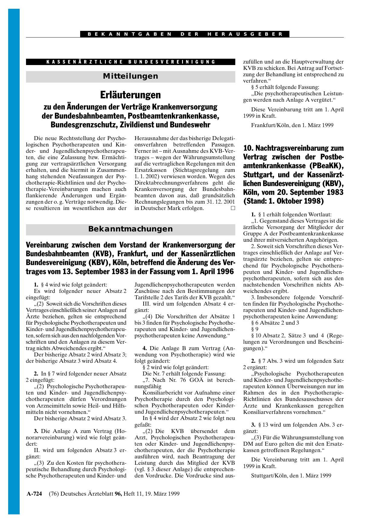 Vorschauseite 1: Erläuterungen zu den Änderungen der Verträge Krankenversorgung der Bundesbahnbeamten, Postbeamtenkrankenkasse, Bundesgrenzschutz, Zivildienst und Bundeswehr